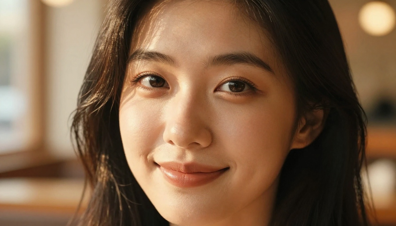 Close-up portrait of a beautiful Asian woman with warm catchlights in her eyes and a soft genuine smile