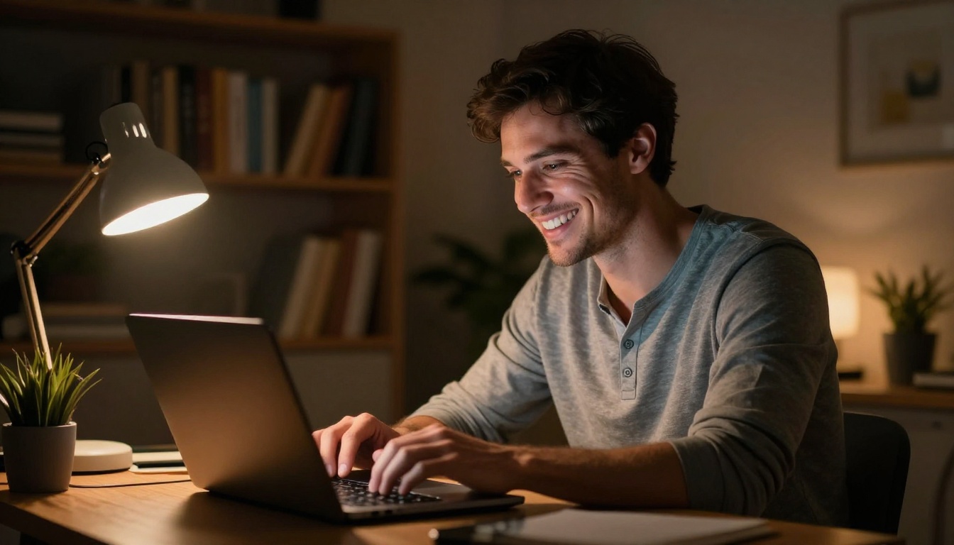 A handsome man smiling warmly while working on his laptop at night in a cozy home office