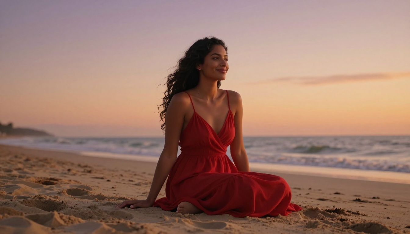 A beautiful Latina woman sitting barefoot on golden sand at sunset with a serene expression looking toward the ocean