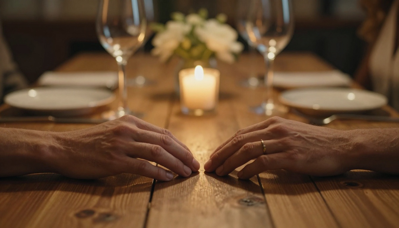Two people's hands nearly touching across a candlelit restaurant table in a warm, romantic atmosphere