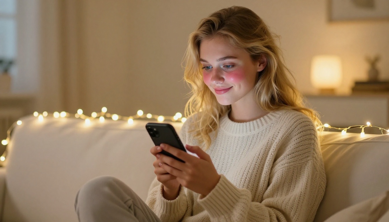 A young European woman in a cream sweater sitting cross-legged on a white sofa, holding her phone with a shy sweet smile