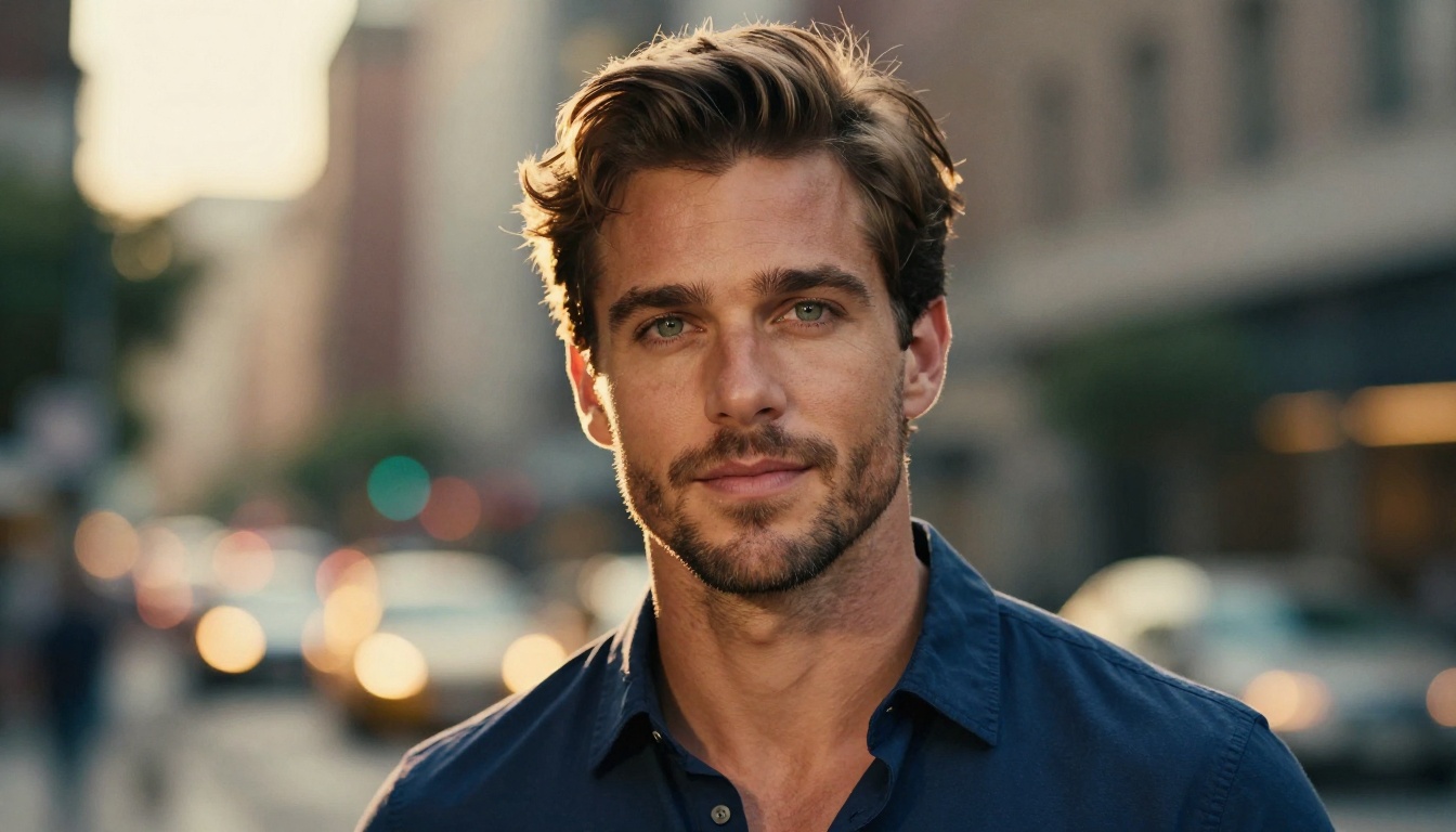 A confident man with green eyes wearing a navy shirt, looking directly at the camera against a blurred evening city background