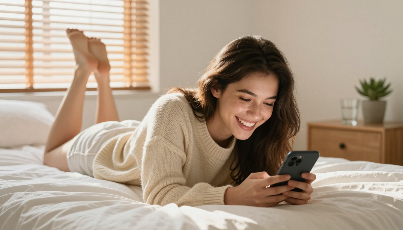 A beautiful woman laughing at her smartphone while lying on a cozy white bed