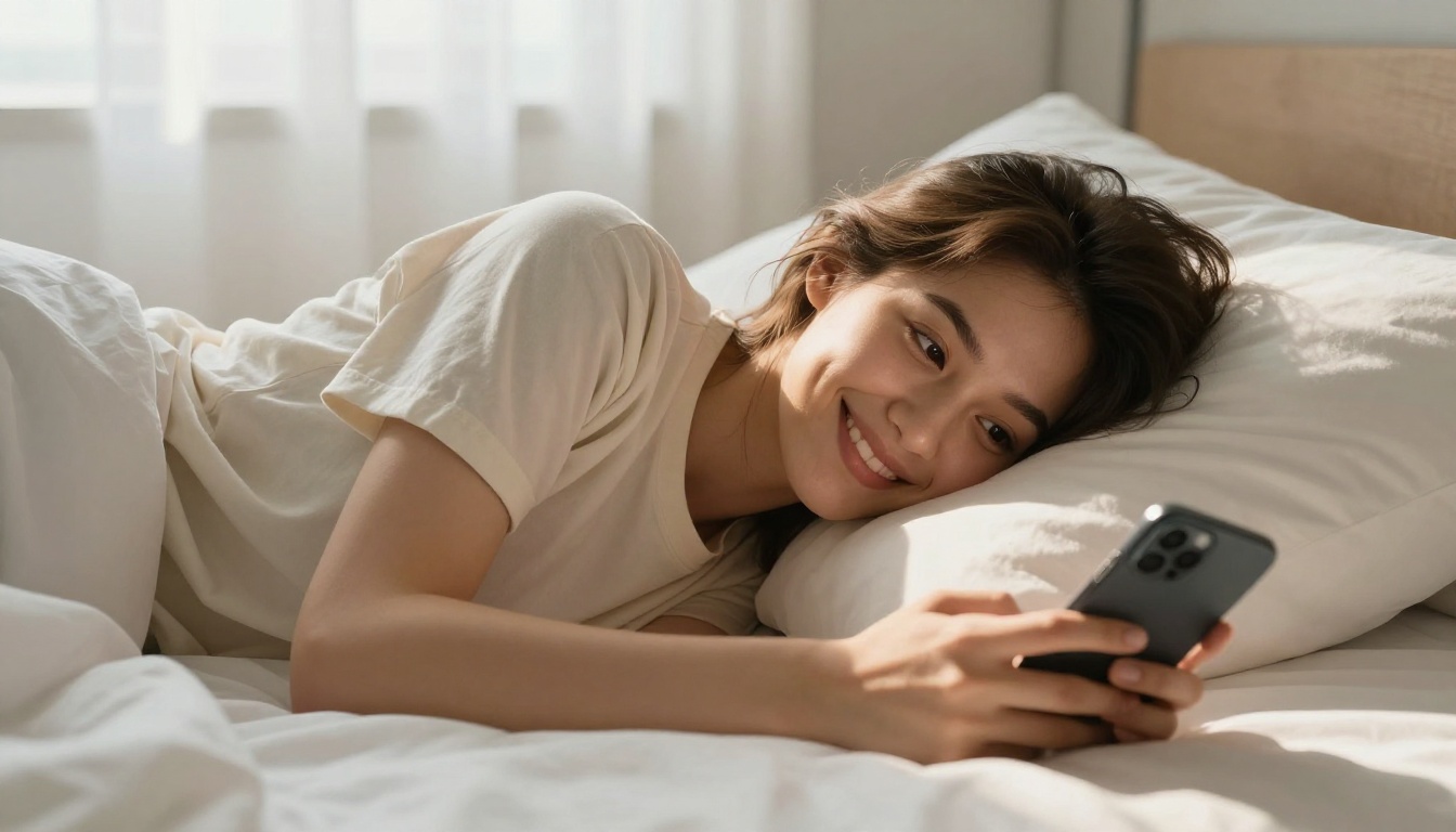 A beautiful woman lying on a white bed, smiling at her phone in soft morning light