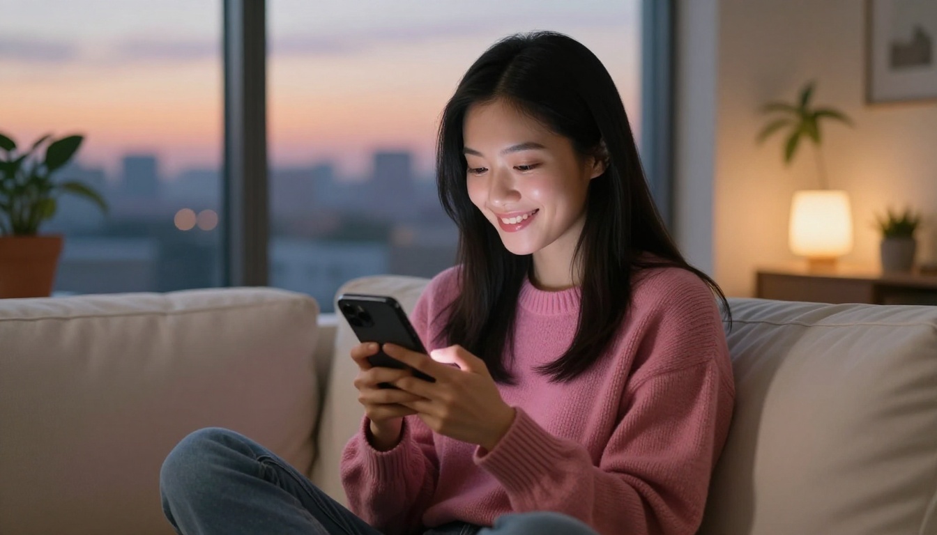 Beautiful woman chatting with AI companion on her phone