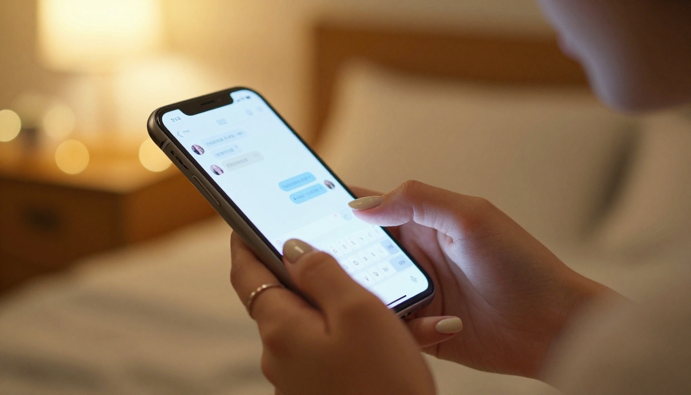 Close-up of a woman's hands holding a glowing smartphone in a warm bedroom, engaged in a chat conversation