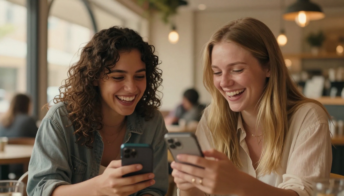 Two young women at a trendy cafe, laughing together as one shows her phone screen to the other