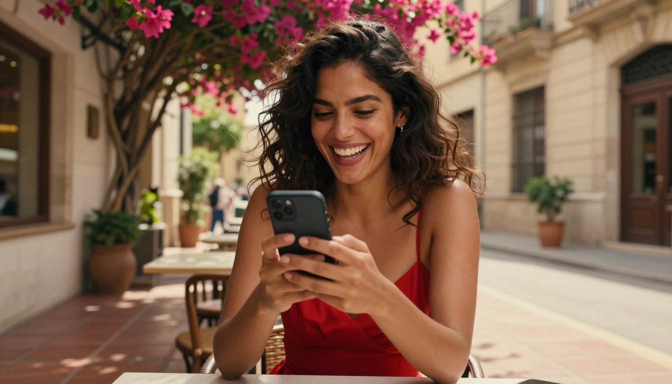 Latina woman genuinely laughing while chatting with AI companion