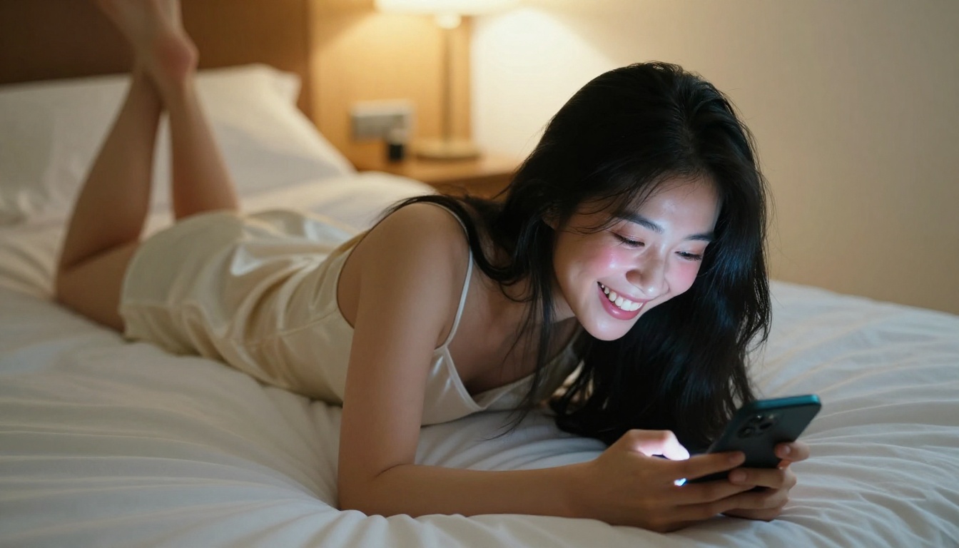 A young woman lying on her bed laughing candidly at her phone, warm bedroom atmosphere