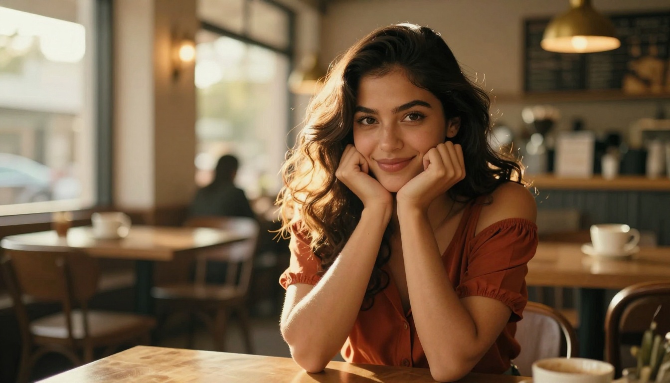 A beautiful Latina woman at a sunlit cafe leaning forward with a playful confident smile