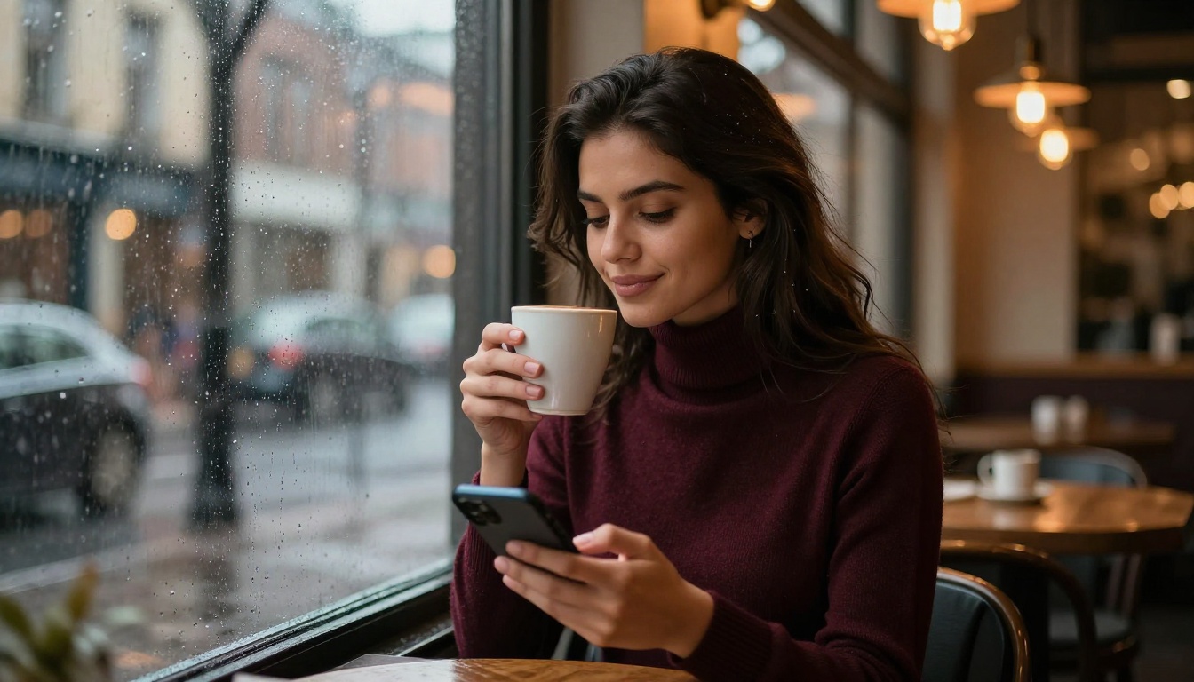 A Latina woman sitting at a café window with coffee and her phone, warm rainy atmosphere