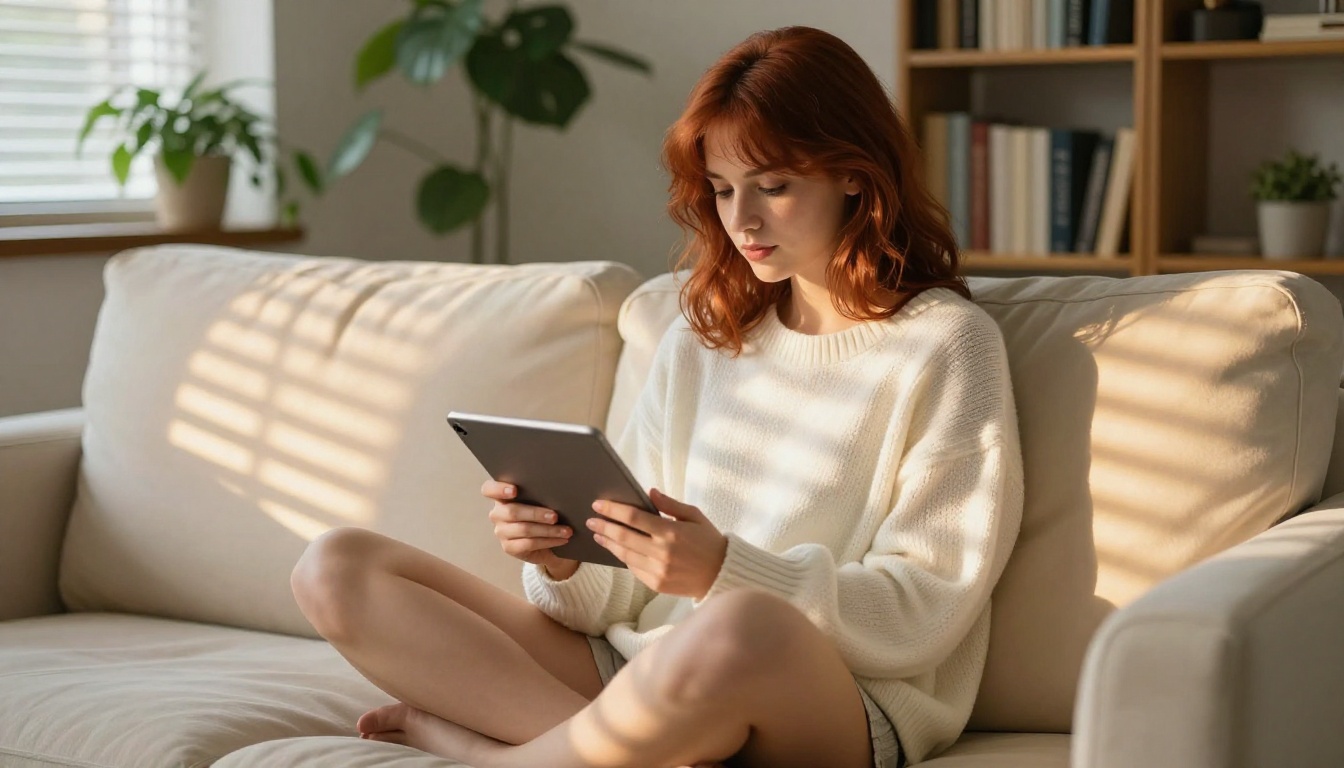 Woman browsing content on a tablet at home
