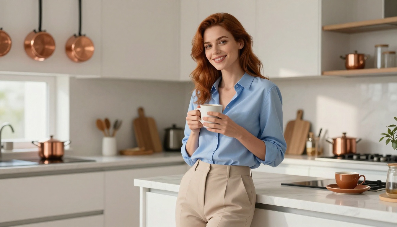 A beautiful European woman with auburn hair smiling warmly in a bright kitchen