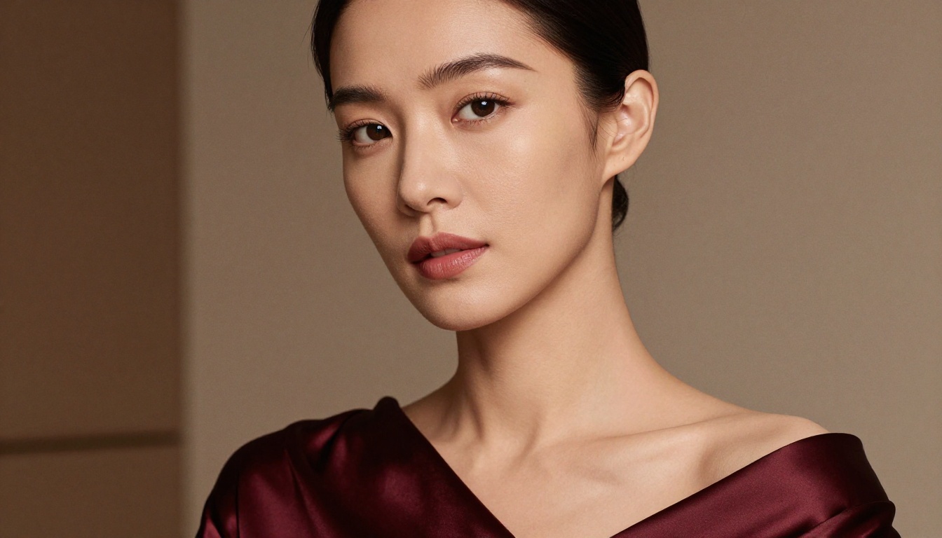 Striking Asian woman with porcelain skin in deep burgundy satin, soft Rembrandt lighting, photorealistic portrait Striking Asian woman with porcelain skin in deep burgundy satin, soft Rembrandt lighting, photorealistic portrait