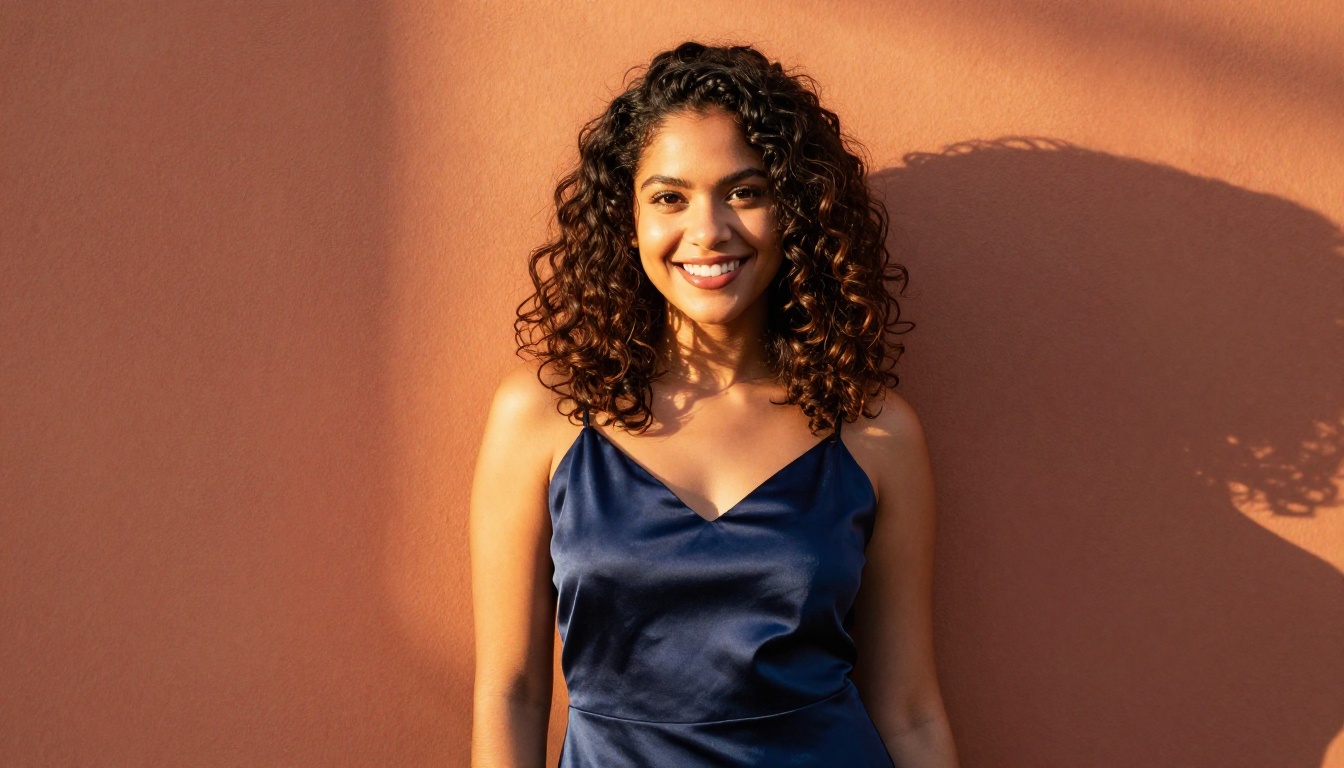 Confident Latina AI companion standing against warm terracotta wall in golden hour sunlight, navy satin dress, 35mm photorealistic portrait