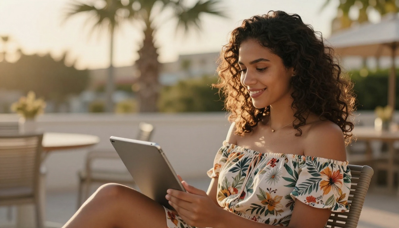 A beautiful Latina woman sitting on a sunny terrace with a tablet, warm golden light in her curly hair