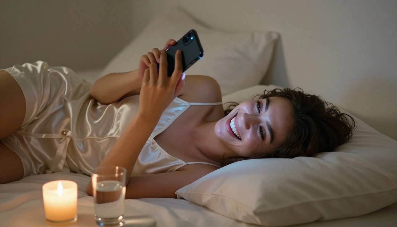 A woman laughing softly at her phone screen in a cozy bedroom at night, candlelight glowing beside her