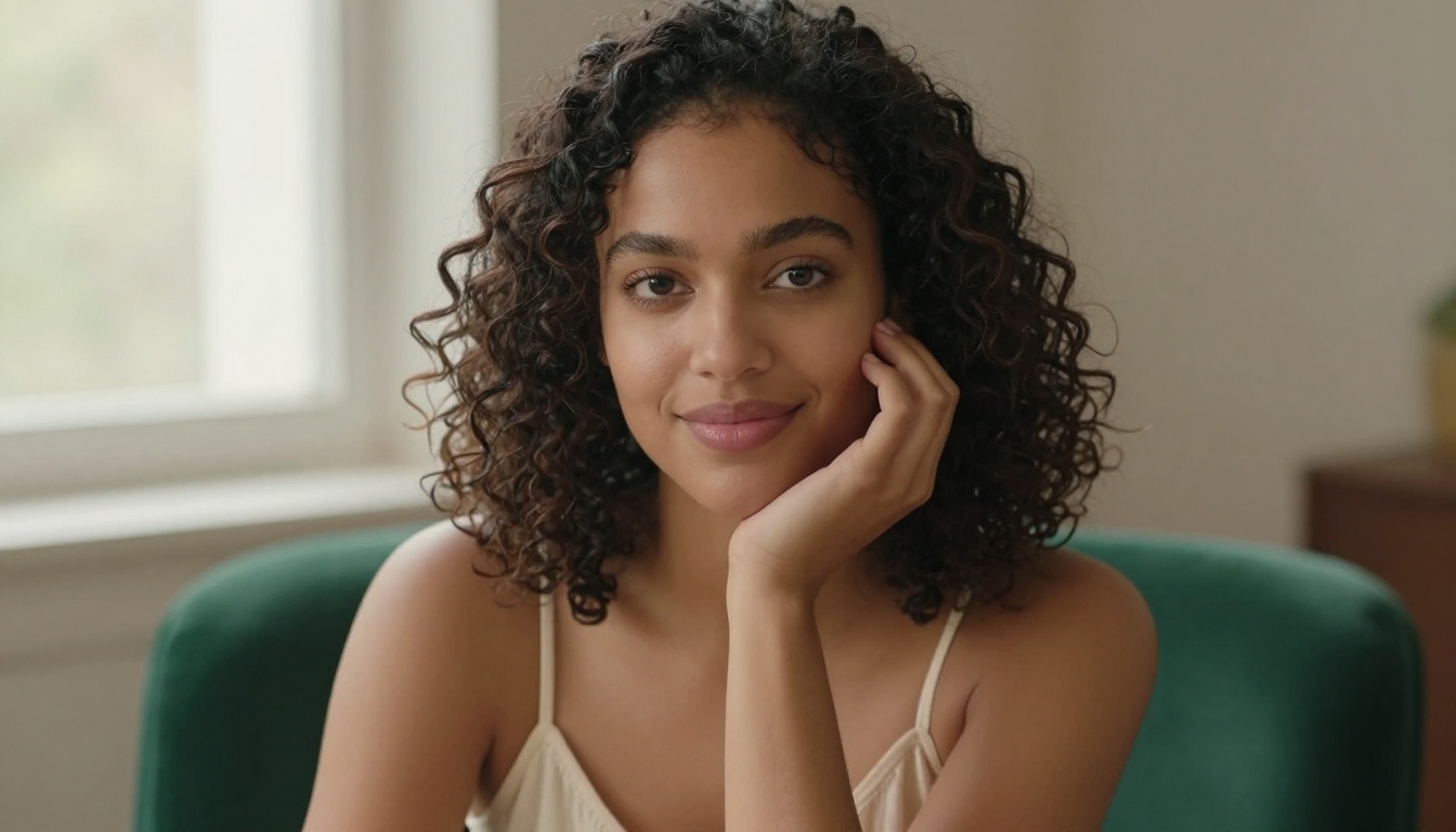 A beautiful woman with natural dark skin and bright expressive eyes looking warmly at the camera