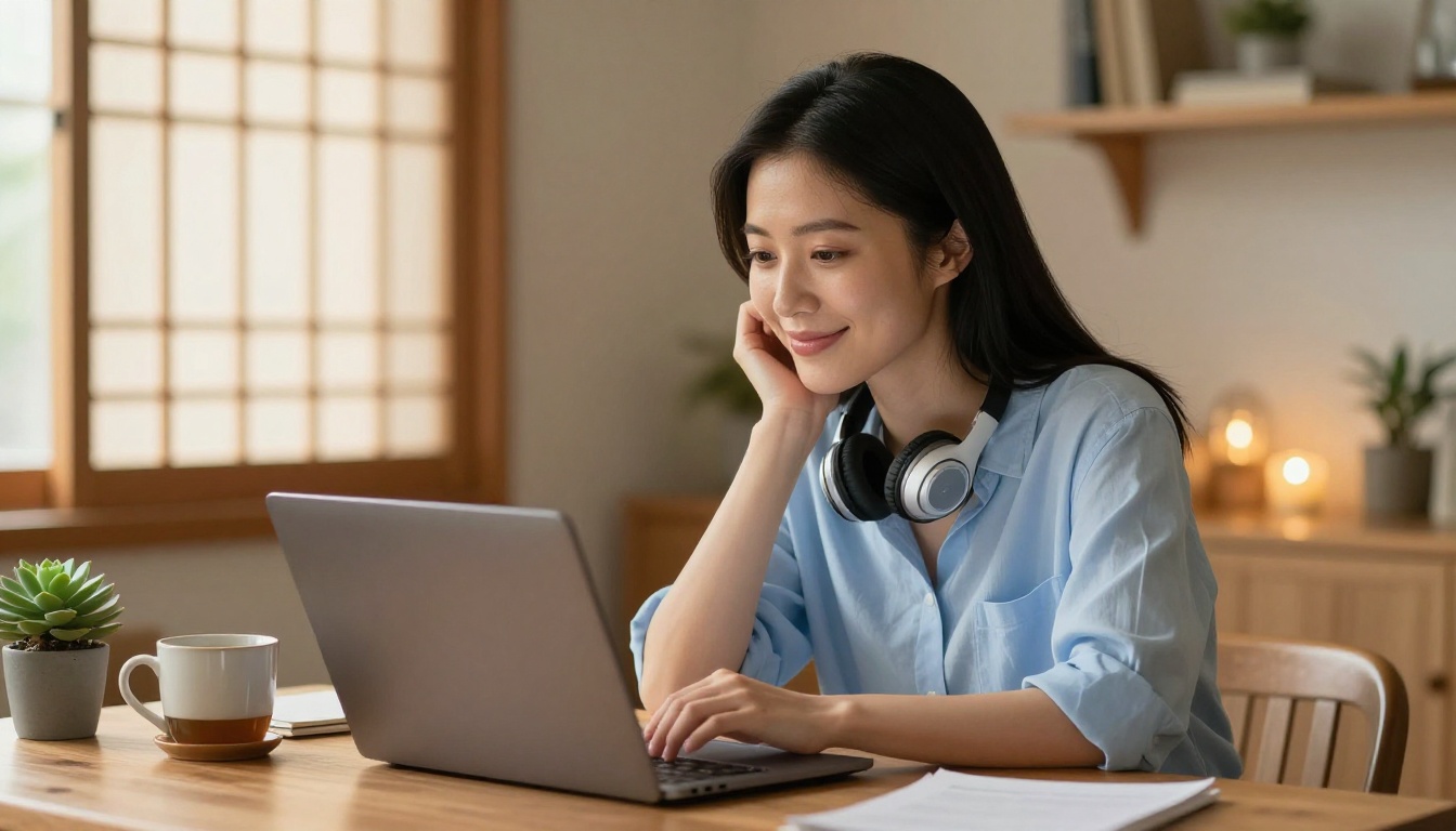 Beautiful woman at home desk, comfortable being herself