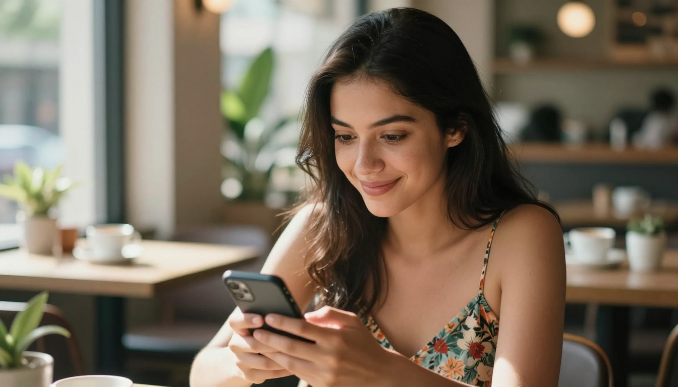 A beautiful young woman looking at her smartphone with a playful smile at a cafe