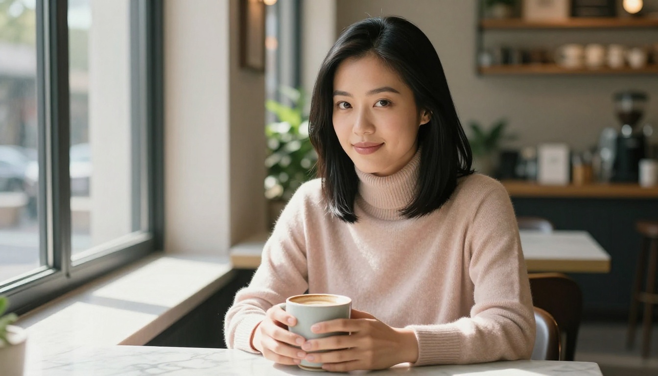 Asian woman in a thoughtful moment at a café