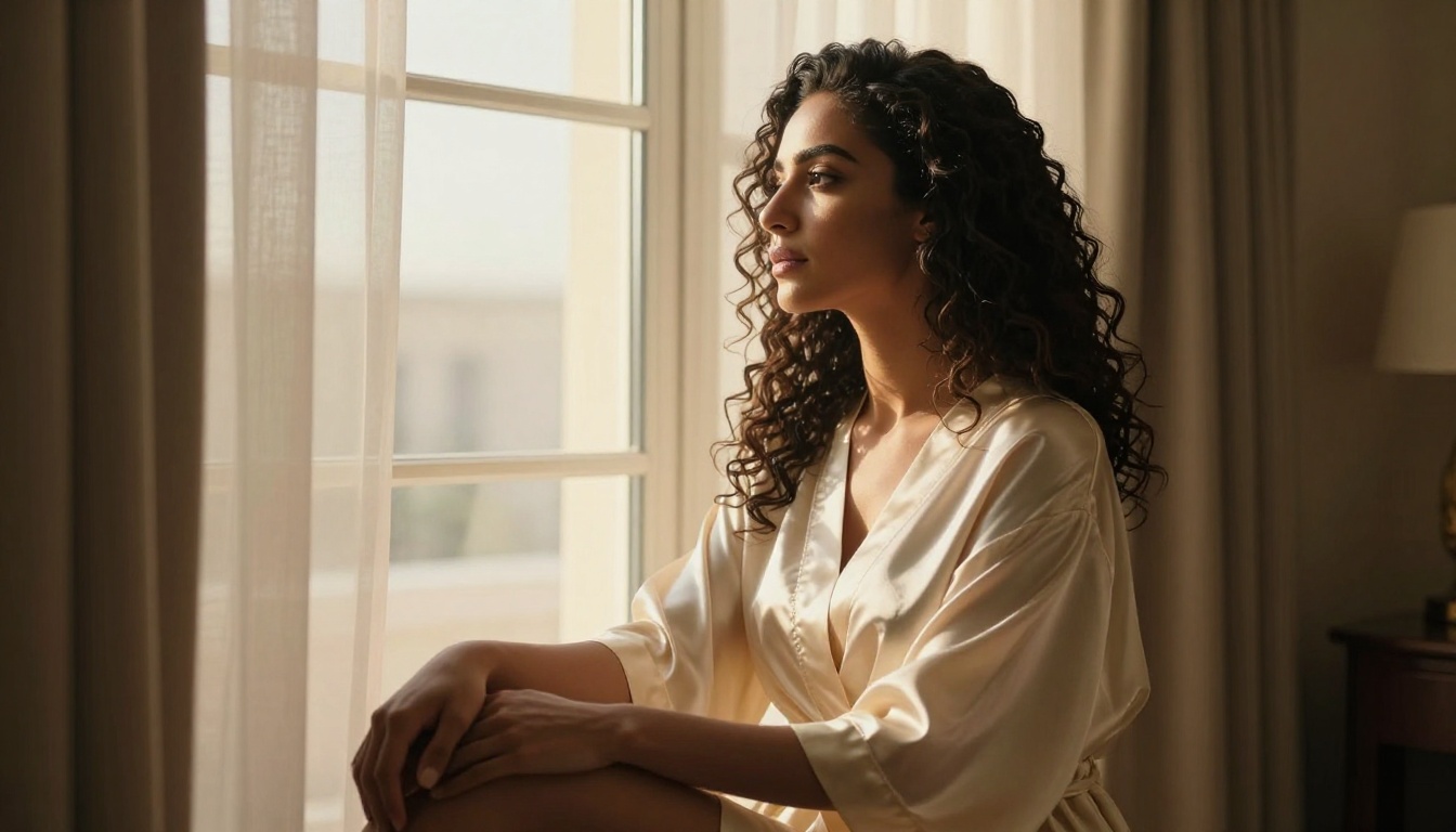 Beautiful Middle Eastern woman in cream silk robe by sunlit hotel window, volumetric morning light photography Beautiful Middle Eastern woman in cream silk robe by sunlit hotel window, volumetric morning light photography
