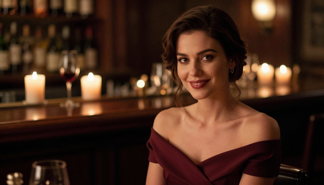 Elegant European woman seated in a dimly lit wine bar, soft candlelight illuminating her face