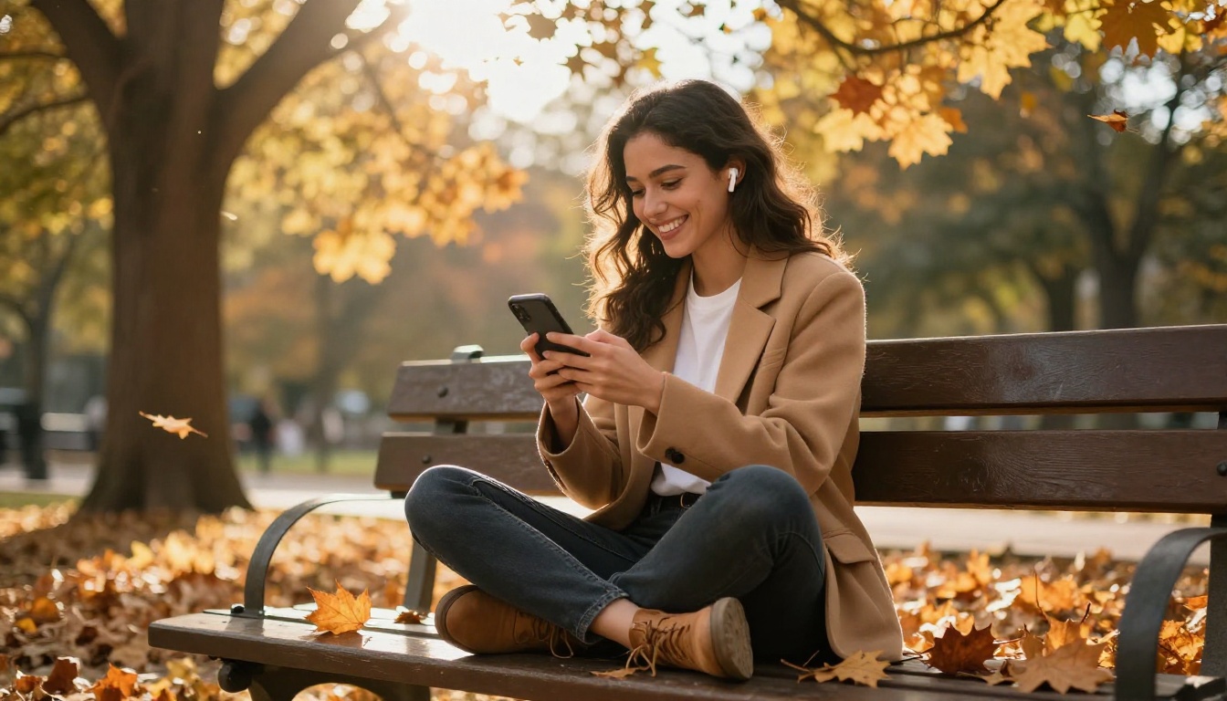 A Latina woman smiling warmly at her phone while sitting on a park bench surrounded by autumn leaves