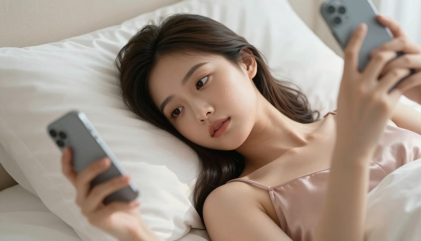 A young Asian woman lying on white bedsheets holding her smartphone with a dreamy expression