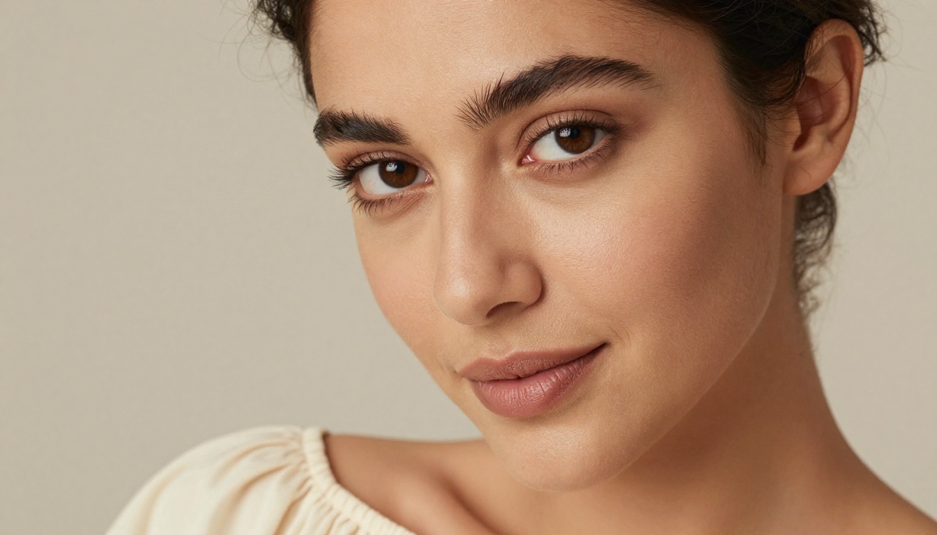 Close-up portrait of beautiful Middle Eastern AI companion in off-shoulder cream blouse, soft studio lighting from above-left, 100mm macro photorealistic detail