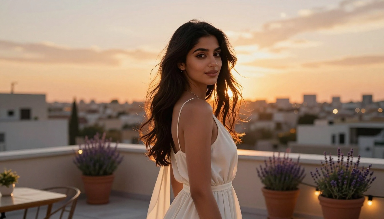 A stunning Middle Eastern woman on a rooftop terrace at golden hour looking over her shoulder with a soft smile
