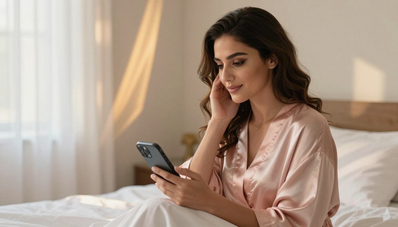 Beautiful Middle Eastern woman in a luxury hotel room, soft diagonal morning light from sheer curtains, looking warmly at her phone