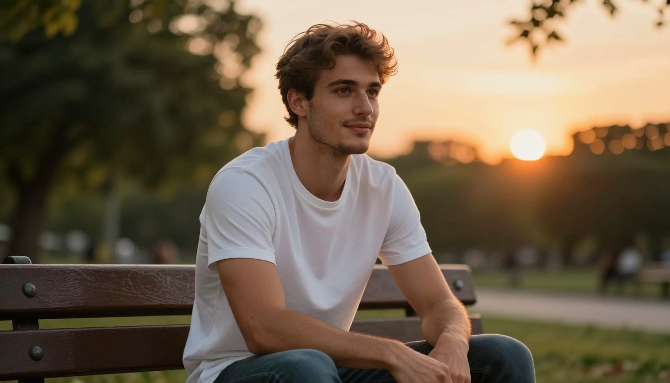 A handsome young European man sitting on a park bench at golden hour with a thoughtful smile