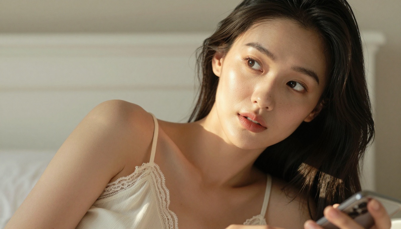 AI companion woman sitting with phone in sunlit bedroom