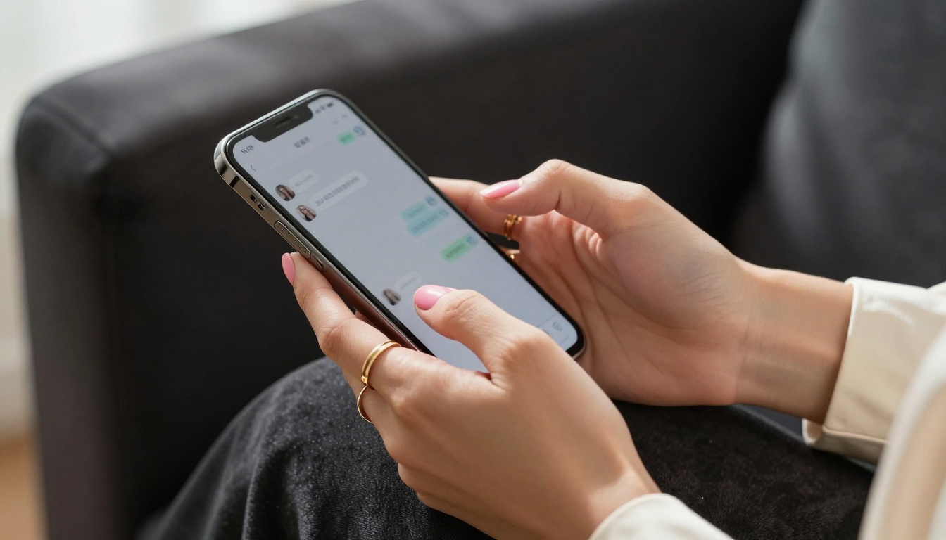 Close-up of elegant woman's hands holding a smartphone with a blurred chat interface visible on screen