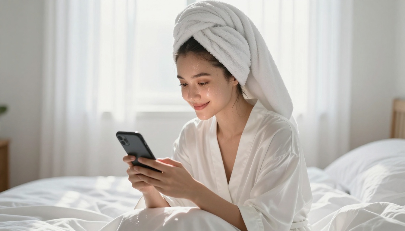 A woman in a white satin robe sitting on a sun-drenched bed, smiling softly at her phone in morning light