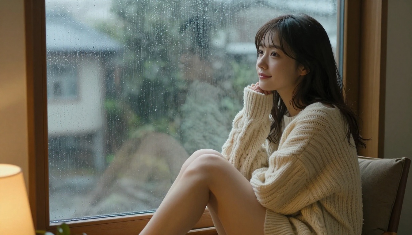 A beautiful Japanese woman sitting at a rain-streaked window, glancing over her shoulder with a warm soft smile