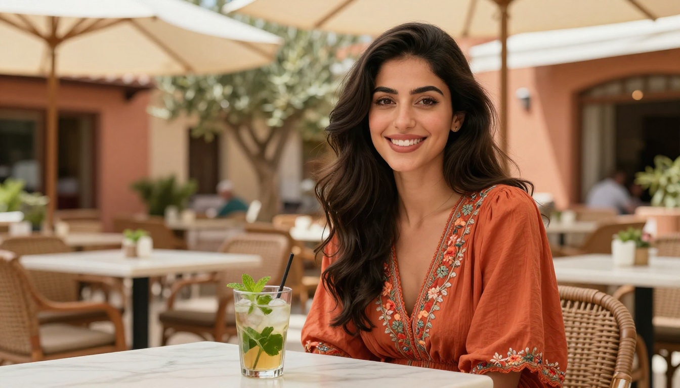 Middle Eastern woman at a Mediterranean terrace café