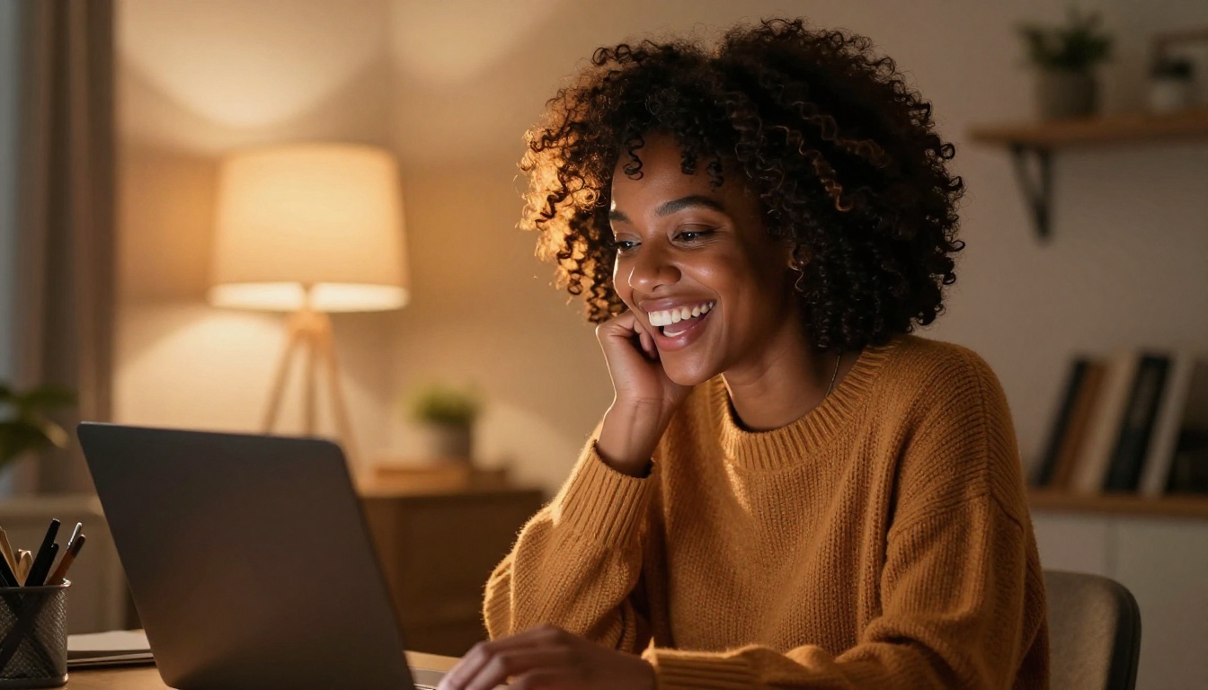 Radiant African American woman laughing genuinely at her laptop in a warm, cozy home office with golden lamp light