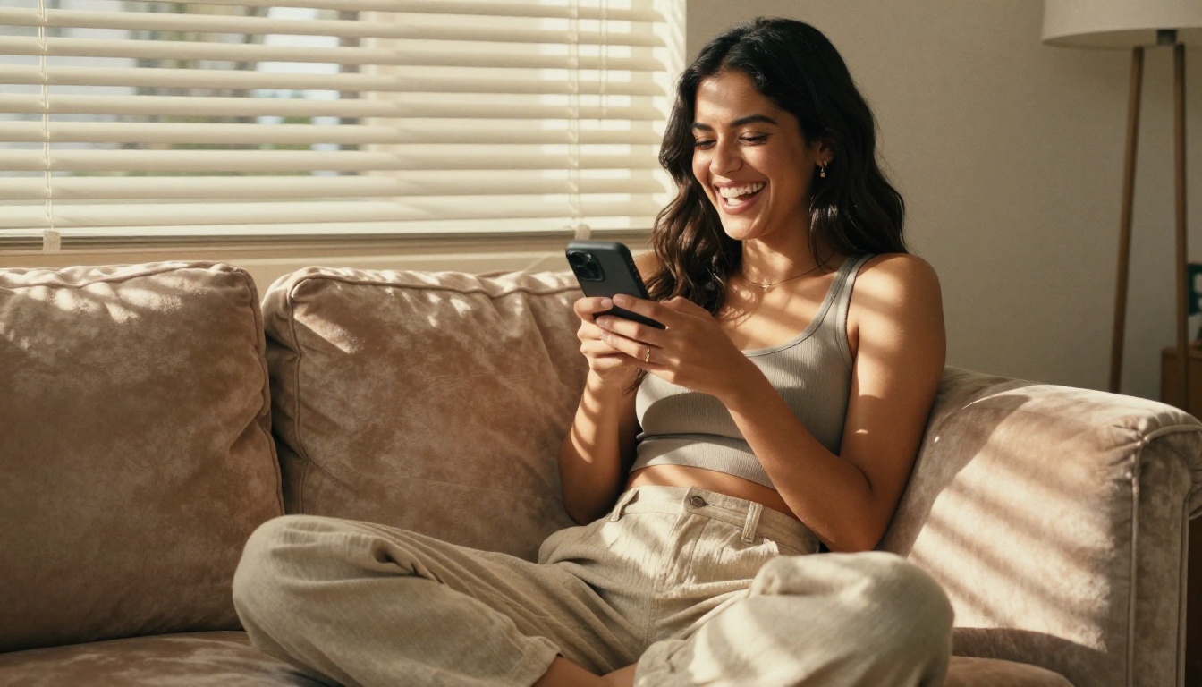 Latina woman laughing naturally while chatting on phone