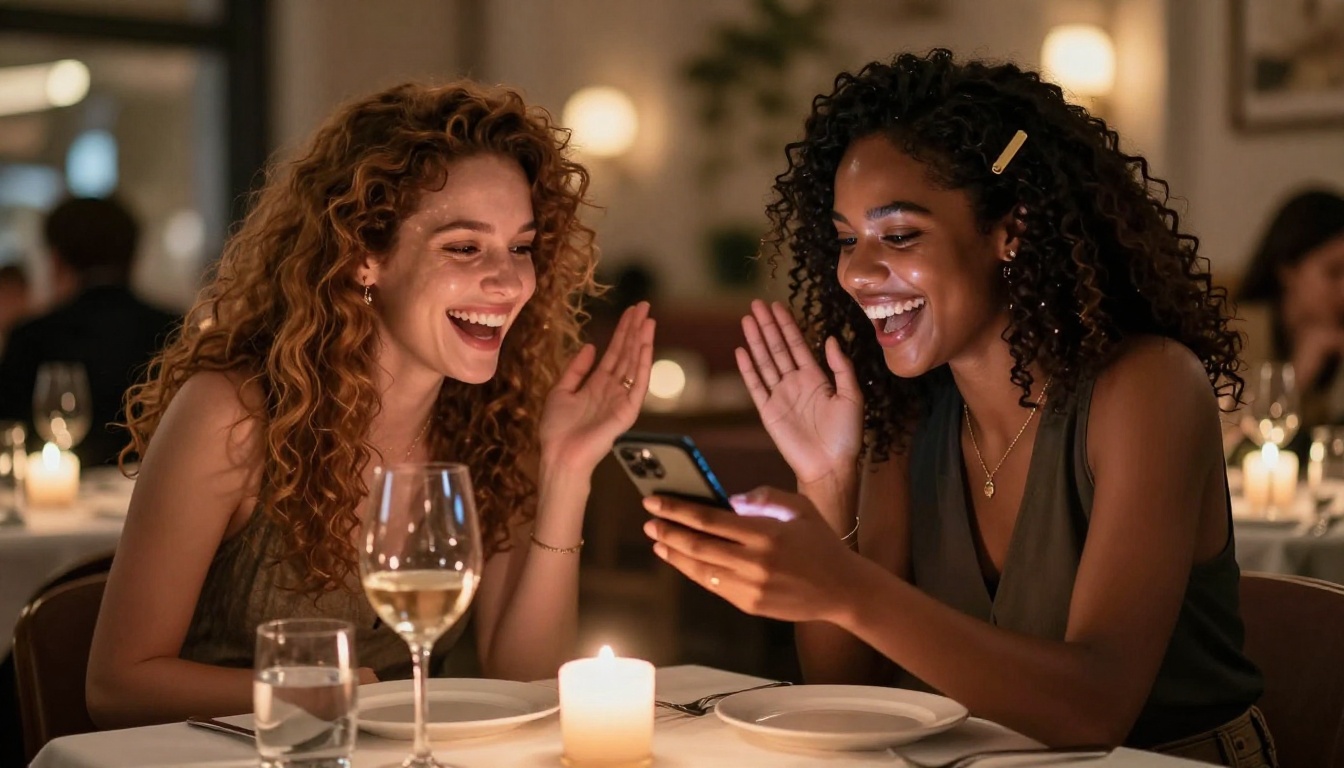 Two women at a restaurant laughing together, one excitedly showing something on her phone by candlelight