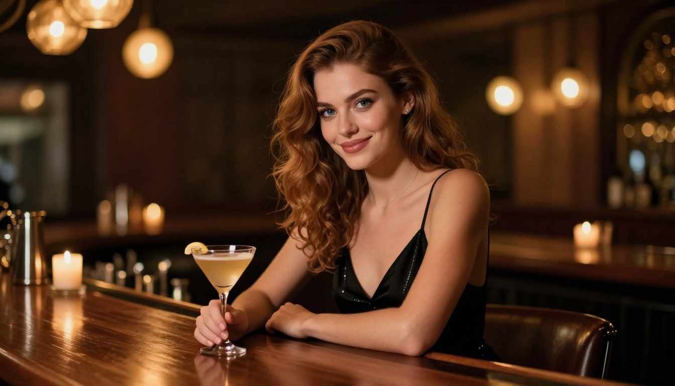 A beautiful woman with wavy chestnut hair at an upscale bar, looking at the camera with a captivating confident smile