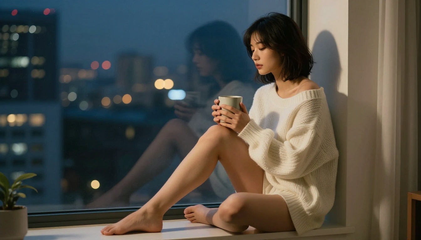 Young Japanese AI companion in oversized white knit sweater on window sill, city bokeh lights behind her, warm amber interior light, 85mm f/1.4 cinematic