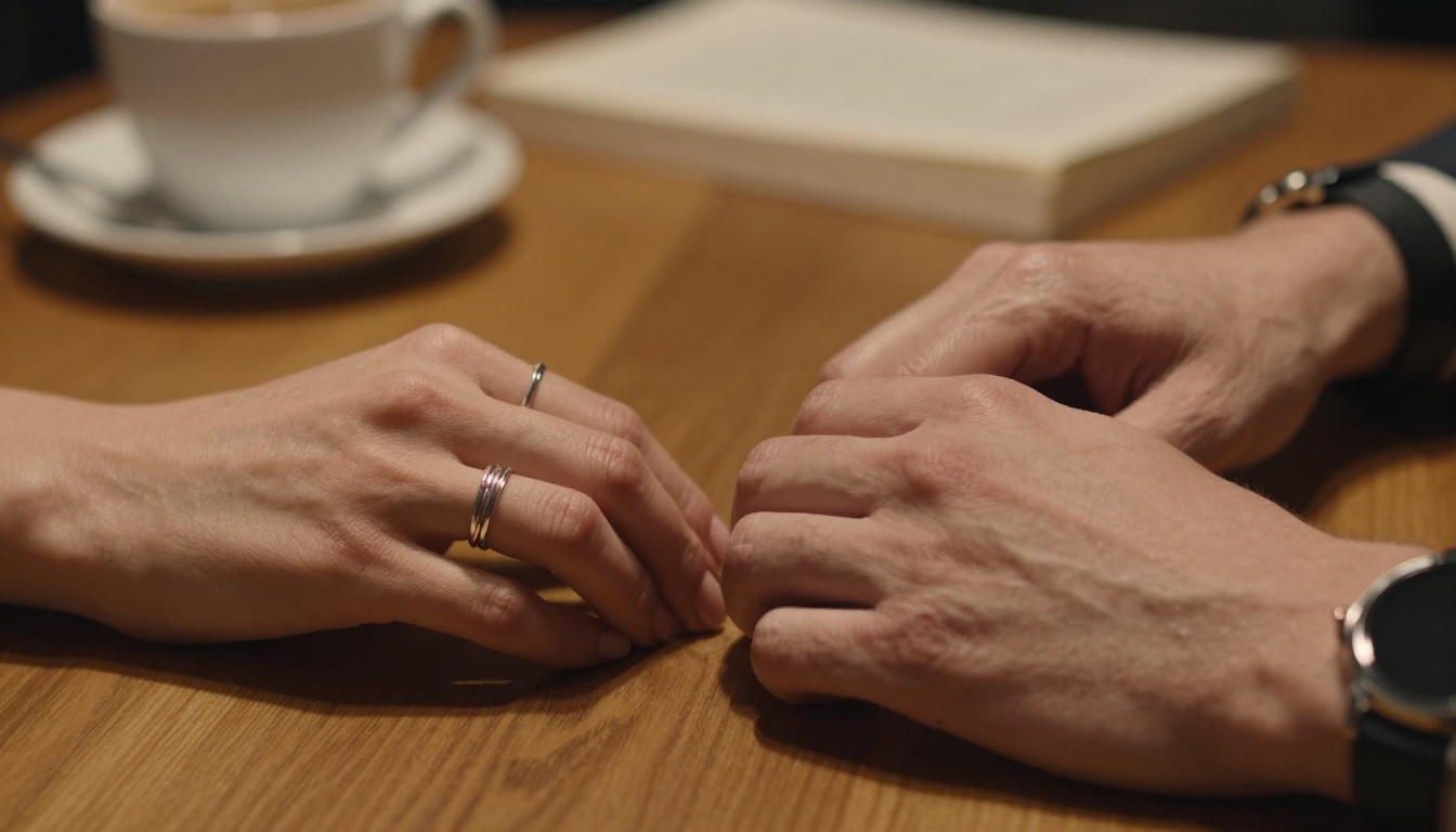 Two hands almost touching across a cafe table, one feminine and one masculine, intimate and emotional