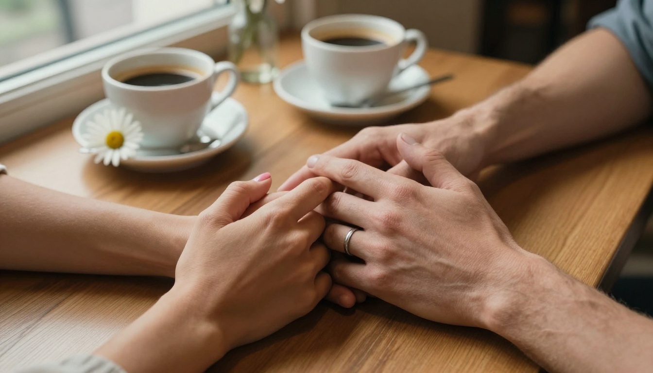 Two hands intertwined on cafe table, genuine connection and trust