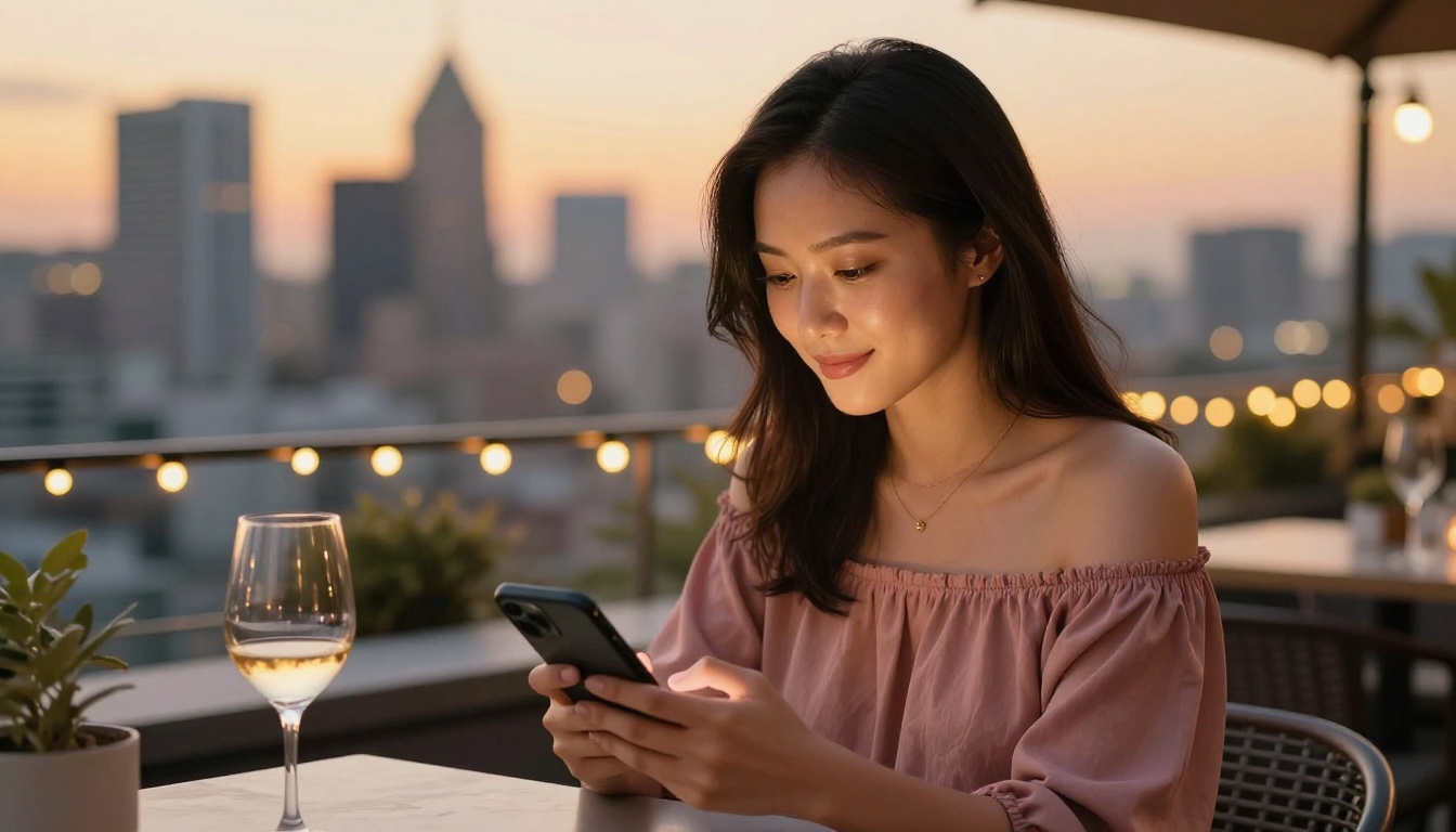 A beautiful Asian woman typing on her phone at a rooftop cafe at dusk with city lights behind her