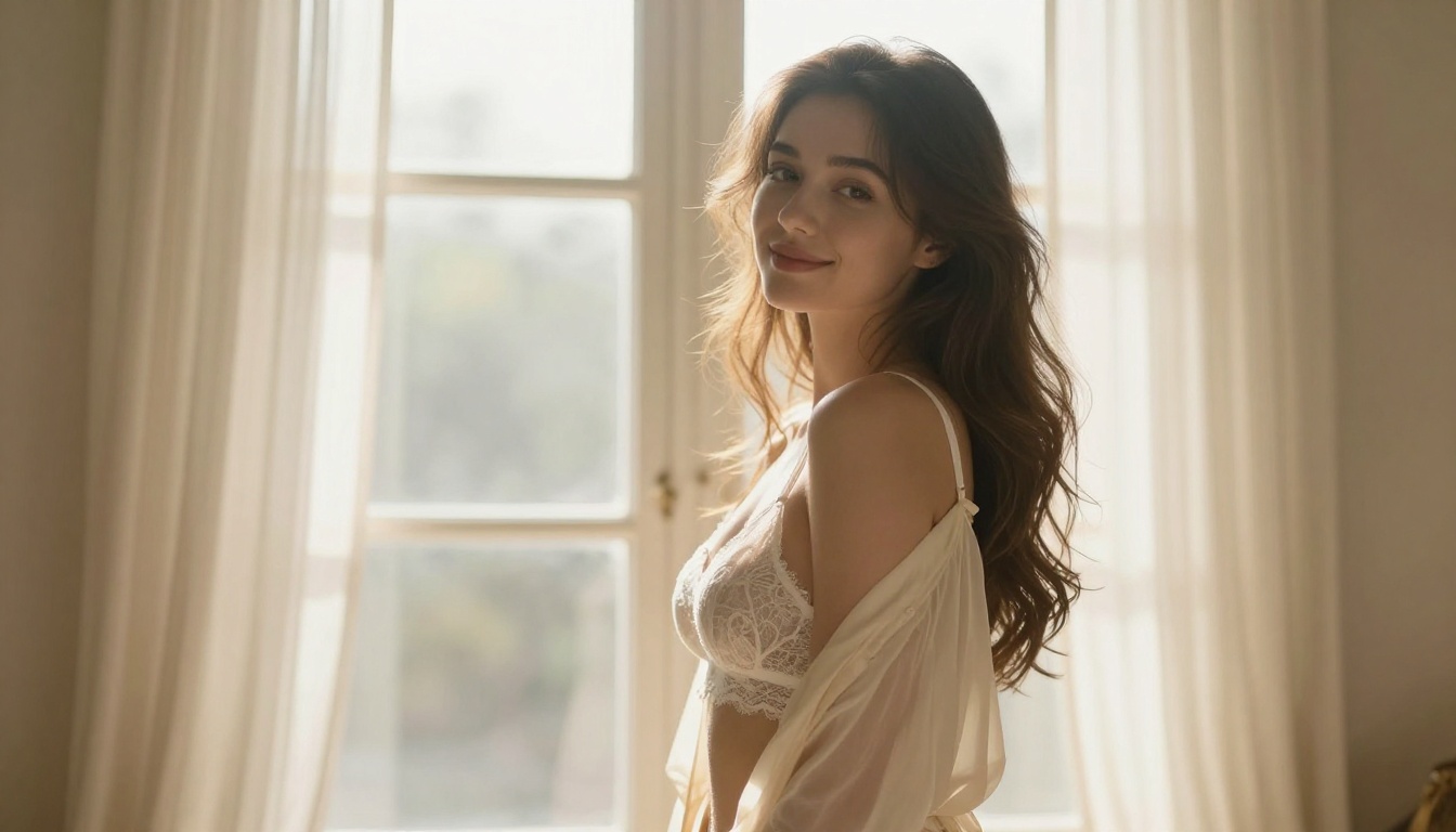 Young woman in tasteful white lace lingerie and a sheer robe standing by a sunlit window, looking over her shoulder with a warm expression