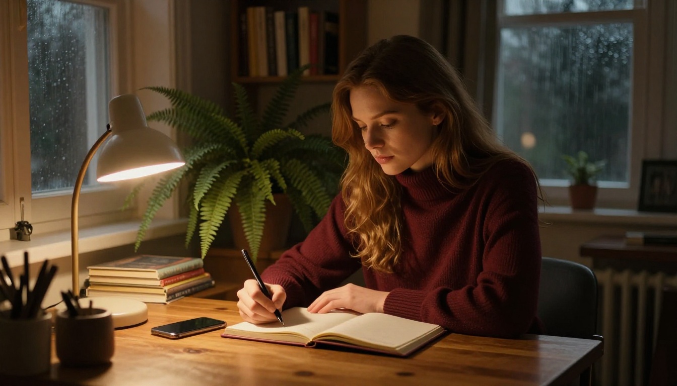 A woman with chestnut hair writing in a journal beside a glowing lamp with her phone nearby on the desk