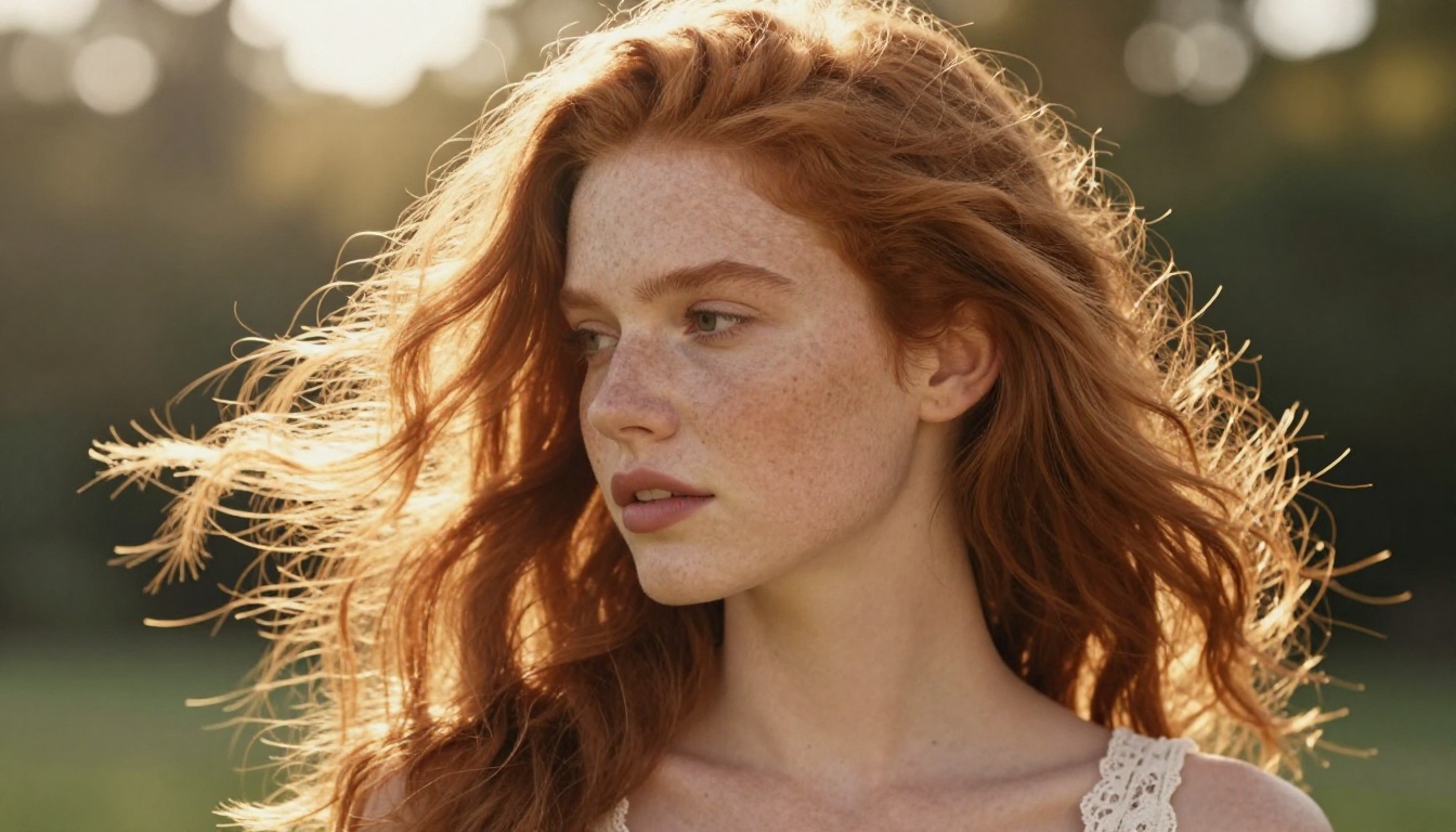 Redhead woman in golden backlight profile shot