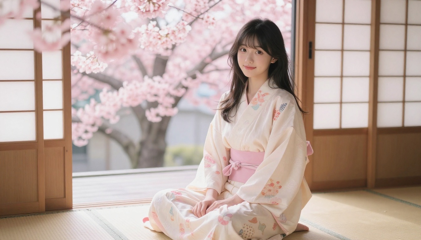 Beautiful young woman in a Japanese-style outfit, sitting on tatami mats with soft cherry blossom light filtering through shoji screens